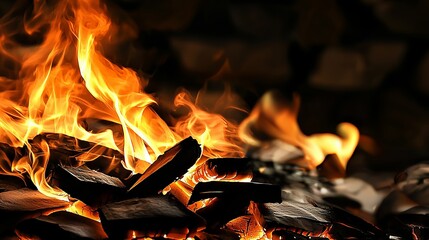Fototapeta premium Dramatic flames dance above a bed of glowing coals, creating an inviting atmosphere for warmth and gathering.