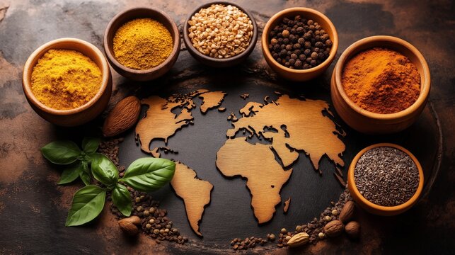 Herbs, spices, and seeds creatively arranged into a world map, symbolizing global cuisine, culinary connection, cultural diversity, and the flavors of the world