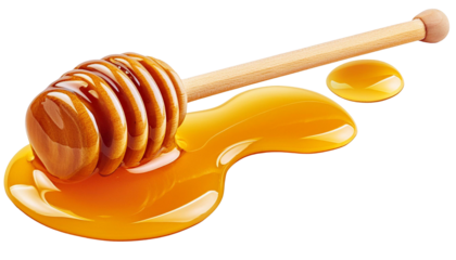 Honey dripping from wooden honey dipper on transparent background