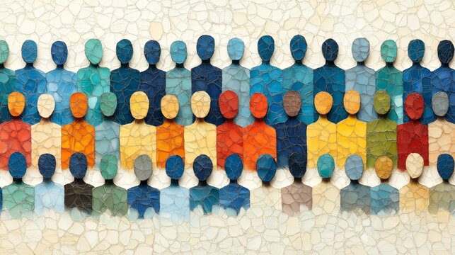 A mosaic of diverse human figures symbolizing unity, community, and diversity with vibrant abstract patterns conveying connection and inclusion of DEI