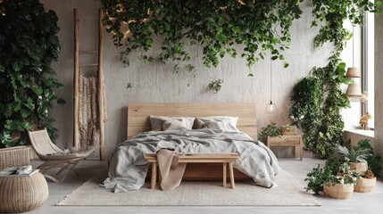 Serene Bedroom Decor With Lush Greenery And Wooden Furnishings