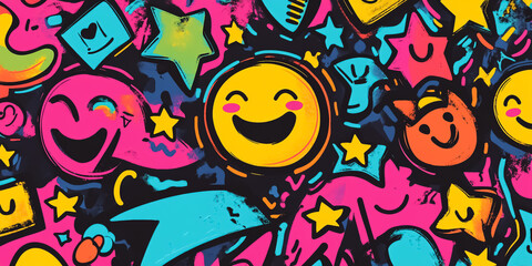 Obraz premium Bubble fonts, smiley faces, stars, and funky arrows in bright, eye-catching hues, interspersed with quirky motivational phrases.