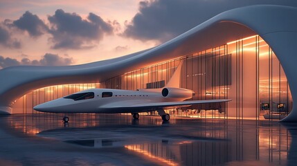 Futuristic private jet parked in a modern hangar at sunset.