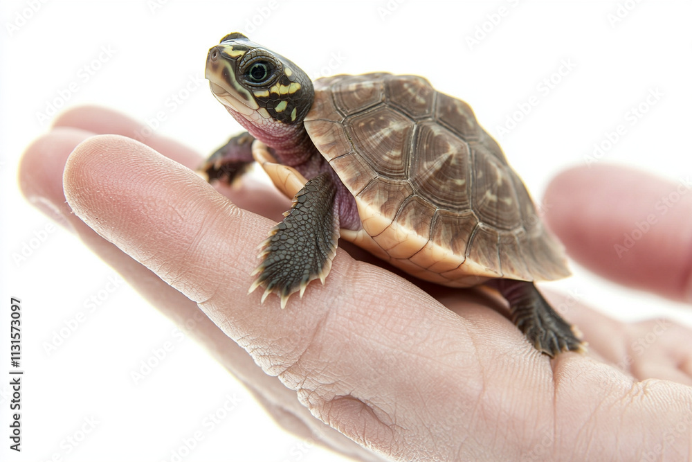 Poster small turtle resting gently in an open palm