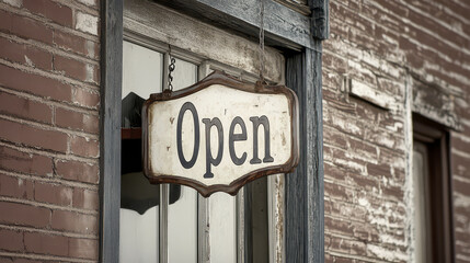 vintage Open sign hanging on weathered building, showcasing retro style lettering and rustic charm. This nostalgic piece adds character to any storefront