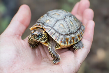Obraz premium Small turtle resting comfortably in a gentle hand