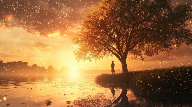 Silhouette, tree, water, sunset, glowing particles.
