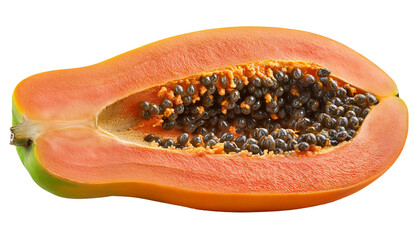 Half papaya fruit showing seeds on transparent background