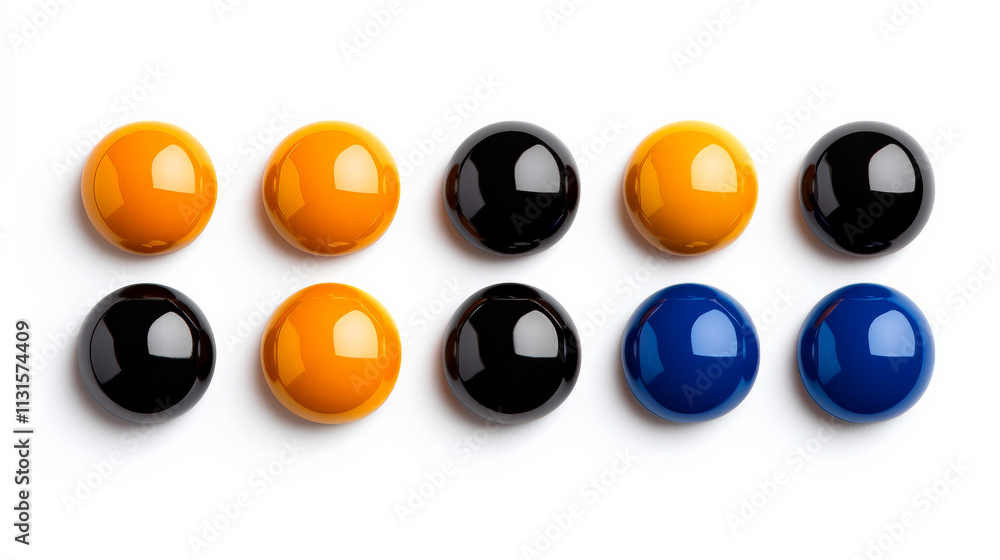 Poster colorful round buttons: a collection of round buttons in vibrant orange, black, and blue hues. they 