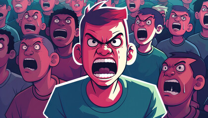 Stylized Illustration of Shouting Crowd with Angry Central Figure