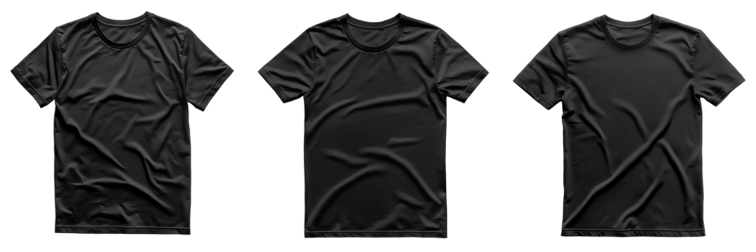 black t shirt set PNG. black t-shirt garment top view png. black shirt flat lay isolated. Simple short-sleeve T-shirt with a classic crew neck design png. crew neck for clothing fashion mock ups png
