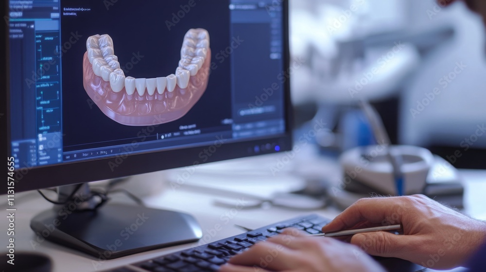 Poster a dentist uses advanced digital tools to analyze a detailed 3d model of a dental arch on a computer 
