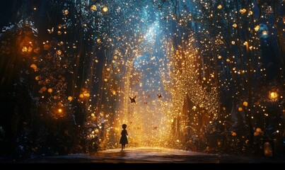 Child walks glowing, enchanted forest path.
