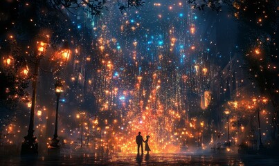 Silhouetted couple, glowing lights, magical night scene.