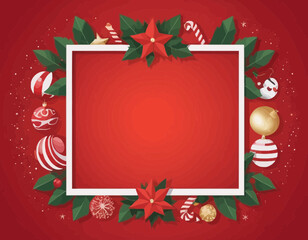 Christmas sign banner frame with empty space and festive decoration on red background