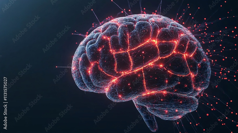Poster abstract representation of a human brain with connected neural networks and glowing particles highli