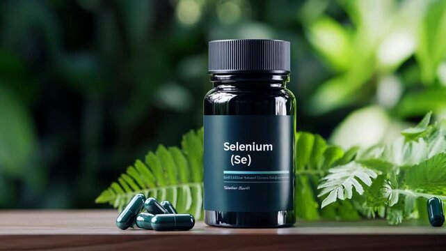 Selenium supplement bottle surrounded by natural greenery emphasizing wellness and health