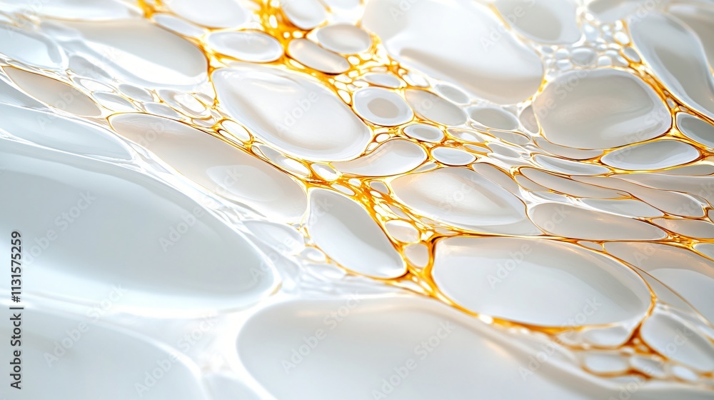 Poster abstract close-up of smooth white liquid surface with golden bubbles floating, creating a dynamic an