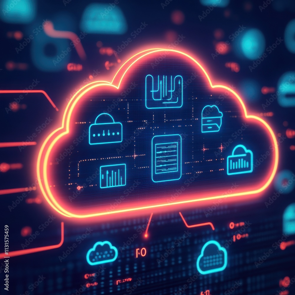 Poster a vibrant digital illustration of a cloud computing network, showcasing various data symbols and sec