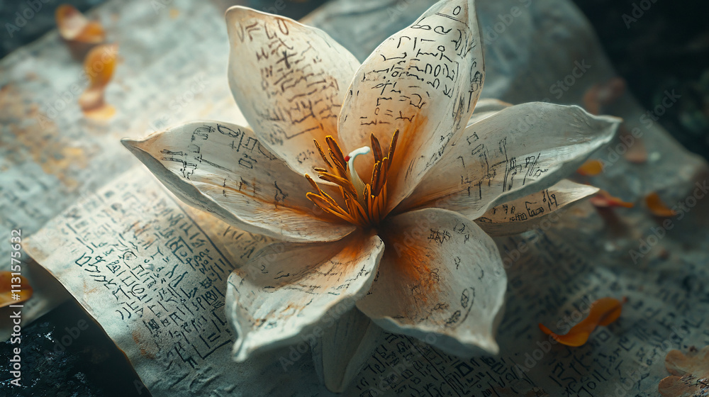 Poster a blooming flower with ancient scrolls and hieroglyphics etched into its petals, representing the pr