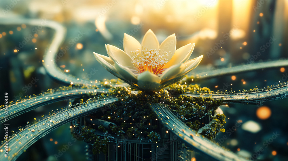 Poster a blooming flower with bridges and roads growing from it, representing the connection of global infr