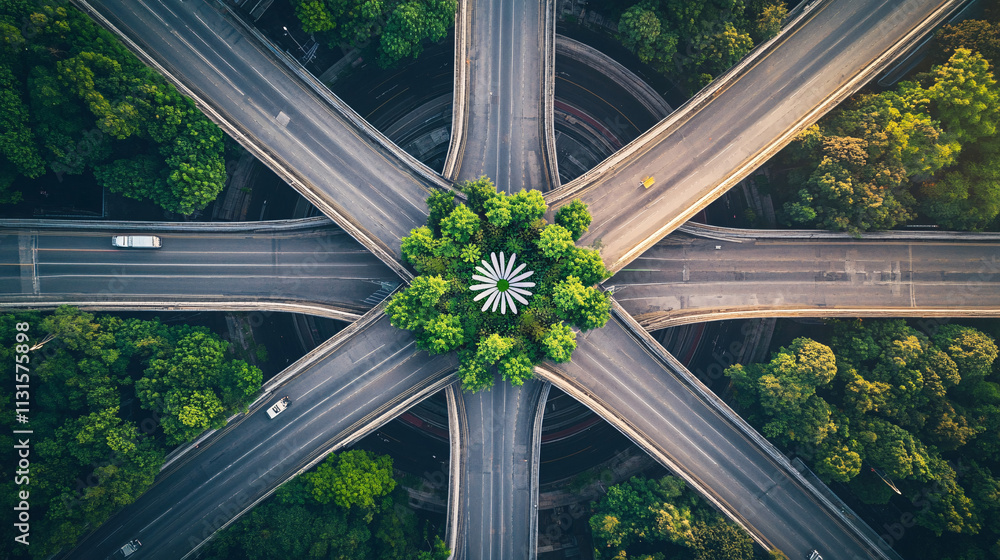 Poster a blooming flower with bridges and roads growing from it, representing the connection of global infr