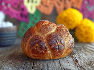 A traditional Pan de Muerto, anise-flavored bread, sits on a rustic table surrounded by marigold petals and a sugar skull, celebrating D&iacute;a de los Muertos. Traditional Mexican food. 