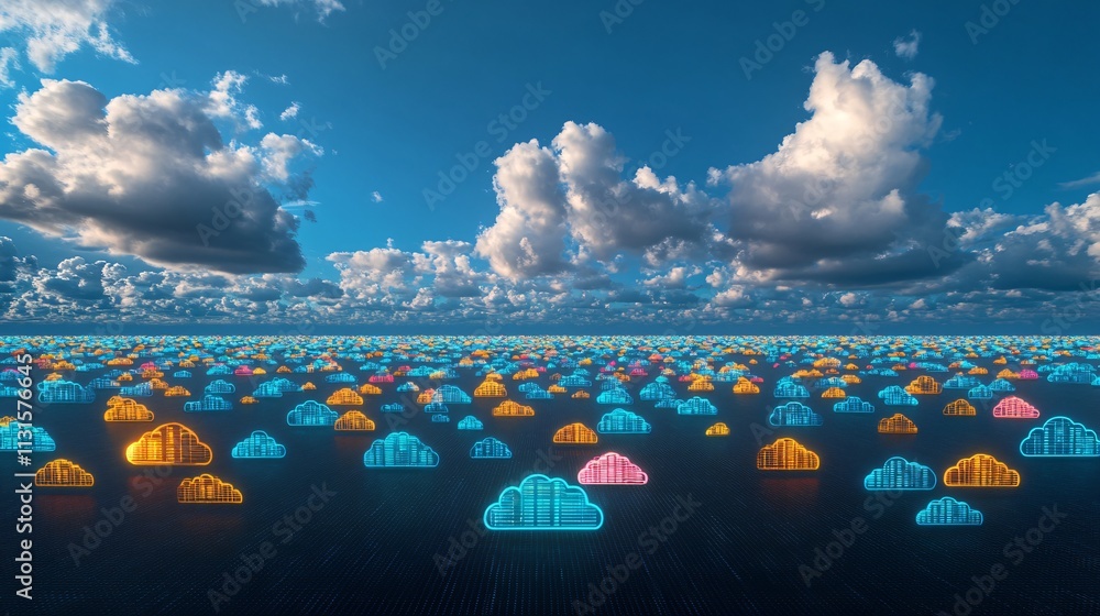 Poster digital cloud landscape with colorful clouds representing data storage and connectivity over a brigh