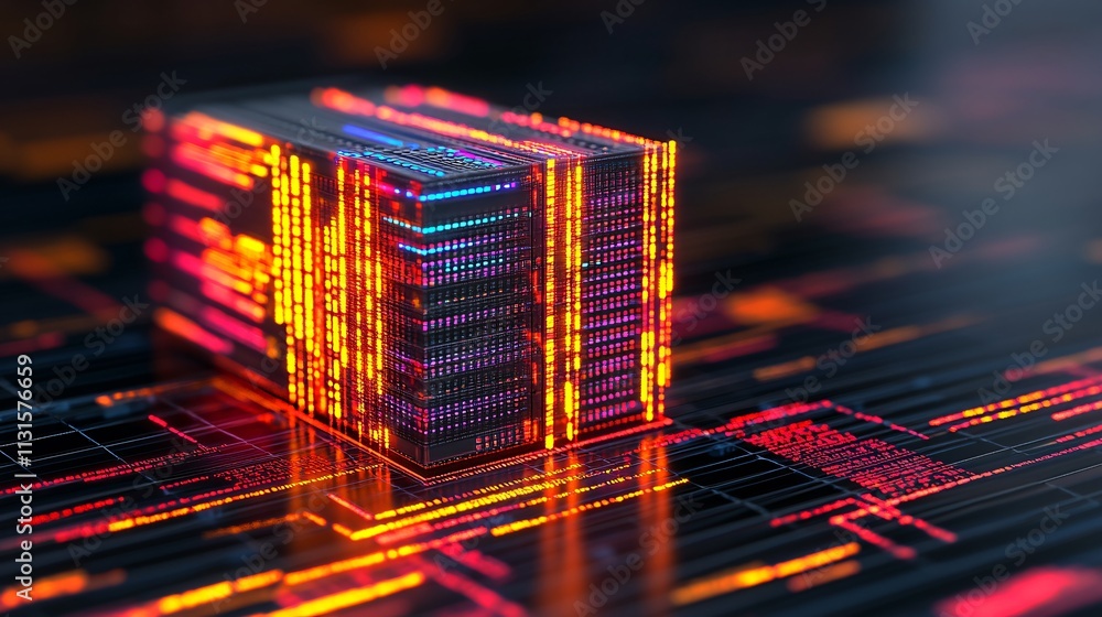 Poster abstract digital representation of a data storage unit glowing with vibrant colors and intricate pat