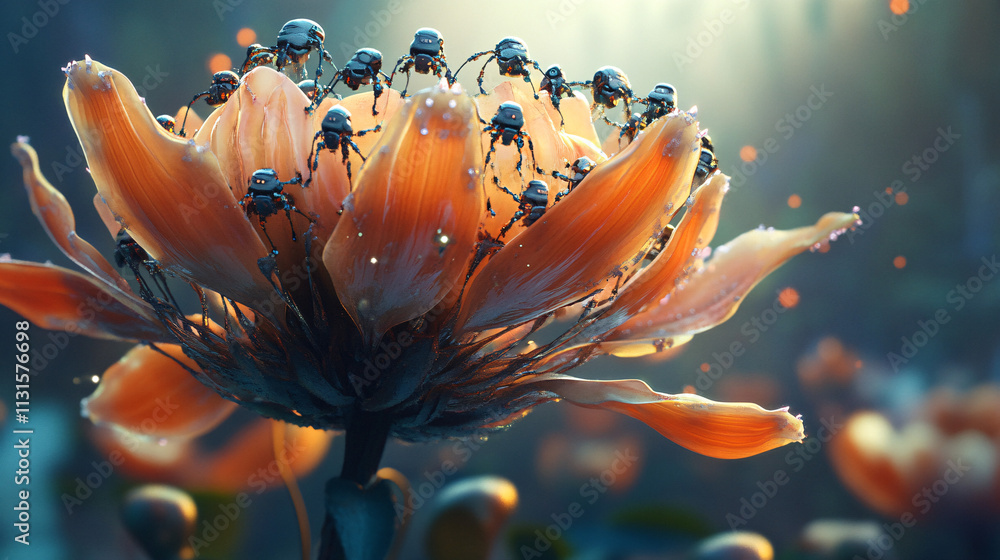 Poster a blooming flower with tiny humanoid robots crawling out of its petals, symbolizing the rise of arti