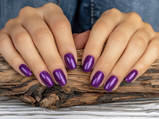 Elegant close up of female hands with purple glitter nails resting on wooden surface, showcasing stylish manicure. hands are well groomed and nails shine beautifully