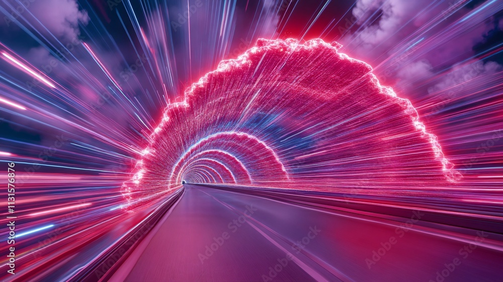 Poster vibrant light trails in a tunnel with dynamic red and pink colors creating a sense of motion and ene