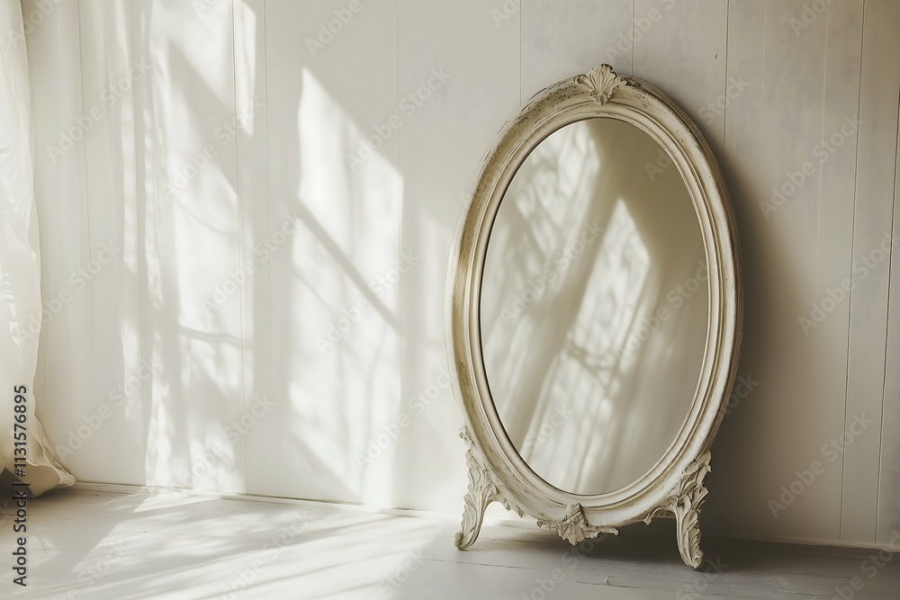 Wall mural A mirror with a white colored frame leaning against a white wall with sunlight shining in