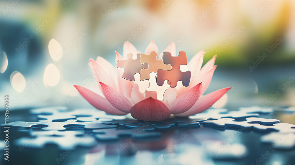 Poster a blooming lotus with interconnected puzzle pieces growing from it, symbolizing the unity and connec