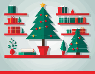 Christmas tree background and red shelf on the wall for display .Merry Christmas text Calligraphic Lettering Vector illustration.