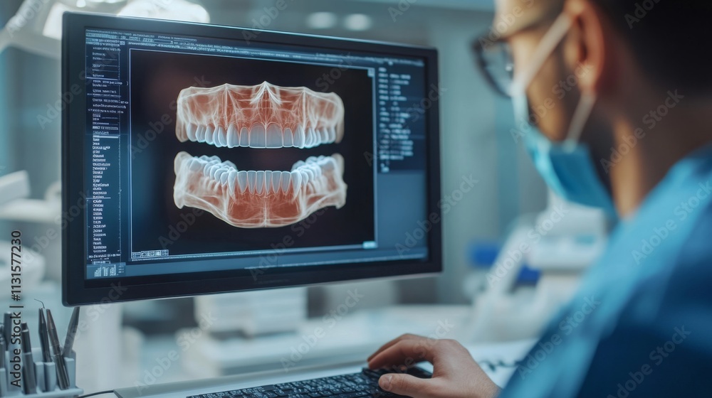 Poster a dental professional analyzes a digital x-ray of teeth on a computer screen in a clinical setting. 