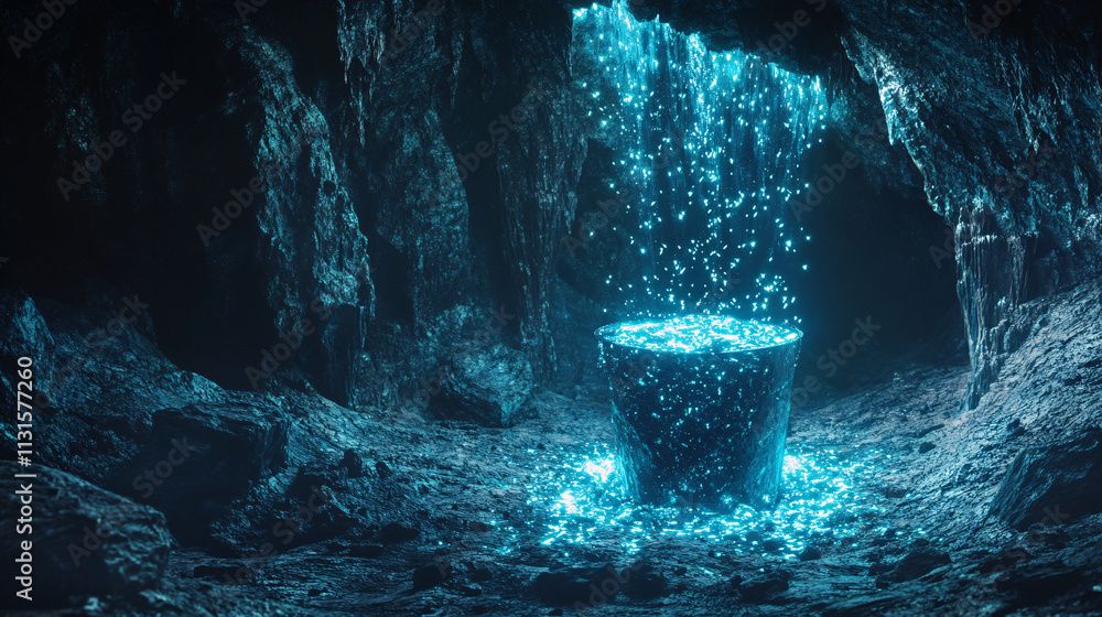 Poster a bucket made of glowing crystals in an underground cave, with enchanted water overflowing, creating