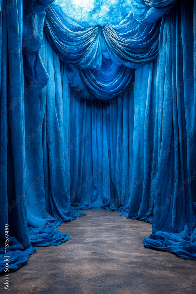 Poster the tranquil setting features flowing blue fabric drapes that create a calming atmosphere, enhancing