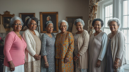 A group of elderly African women are standing in a room and smiling. Church mothers community 