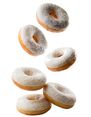 Group of donuts with sugar falling freely in the air on a transparent background
