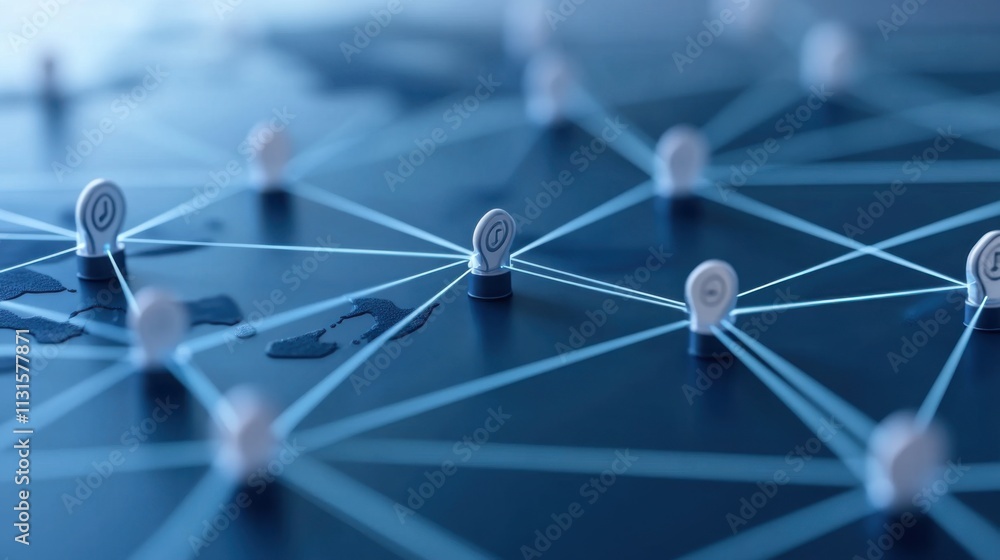 Aufkleber digital network connecting global locations with location pins and connections on dark background