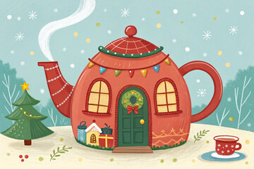Fototapeta premium A whimsical and colorful digital illustration, featuring a delightful red teapot house decked out for Christmas--generated by ai
