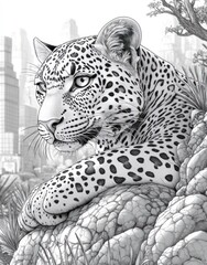 Obraz premium Majestic leopard resting on rocks overlooking a cityscape.