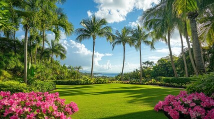 Lush tropical garden with vibrant flowers, palm trees, and ocean view.