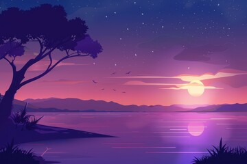 Silhouetted Tree by a Purple Lake with Sunset and Stars