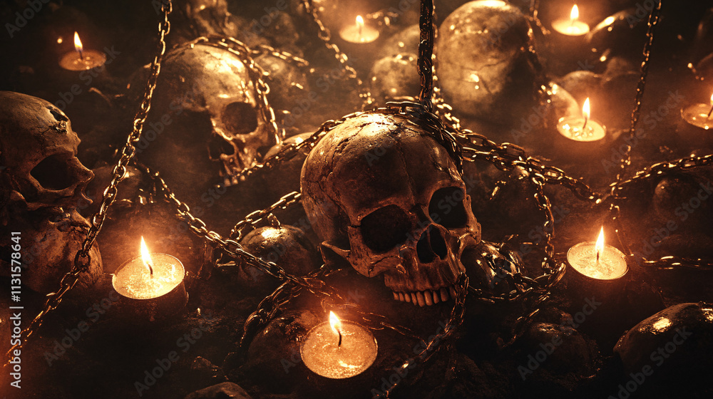 Aufkleber a chaotic display of skulls entangled in chains, surrounded by flickering candlelight, creating an a