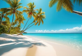 Fototapeta premium vibrant beach landscape featuring lush palm trees backdrop crystal clear turquoise water under bright sunny sky, seascape, sea, sand, sunshine, ocean