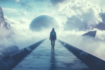 Obraz premium Person walks path, clouds, mountains, large sphere.