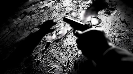 Vintage noir crime scene with chalk outline in abstract background, capturing the essence of mystery and intrigue through macro photography techniques. Shadowplay. Illustration