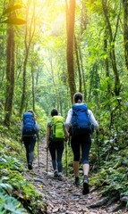 Obraz premium Group of hikers exploring a lush green forest trail on a sunny day surrounded by trees and vibrant nature
